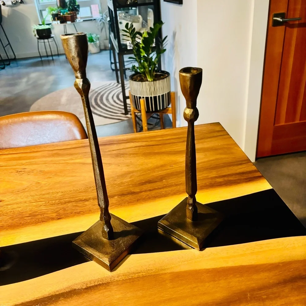 Sur La Table Set of 2 Taper Burnished Bronze Candlesticks